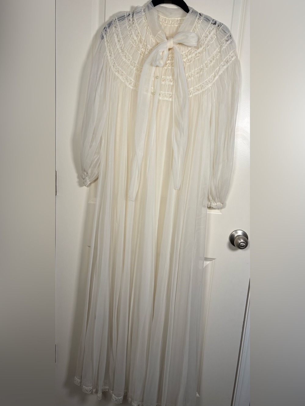 Sheer Ivory Long Lace Yoke Robe with Neck Tie